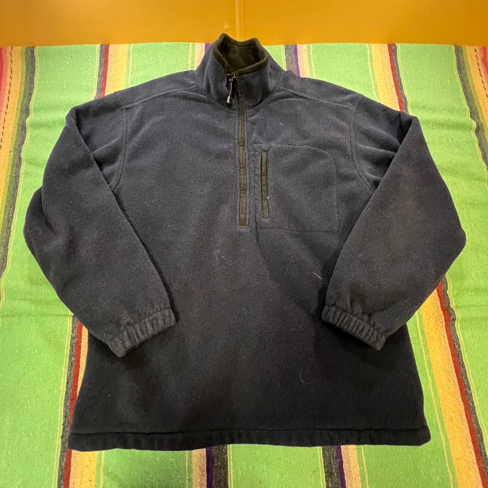 Eddie Bauer Fleece Pullover Mens Medium Navy Blue Quarter Zip Chest Pocket